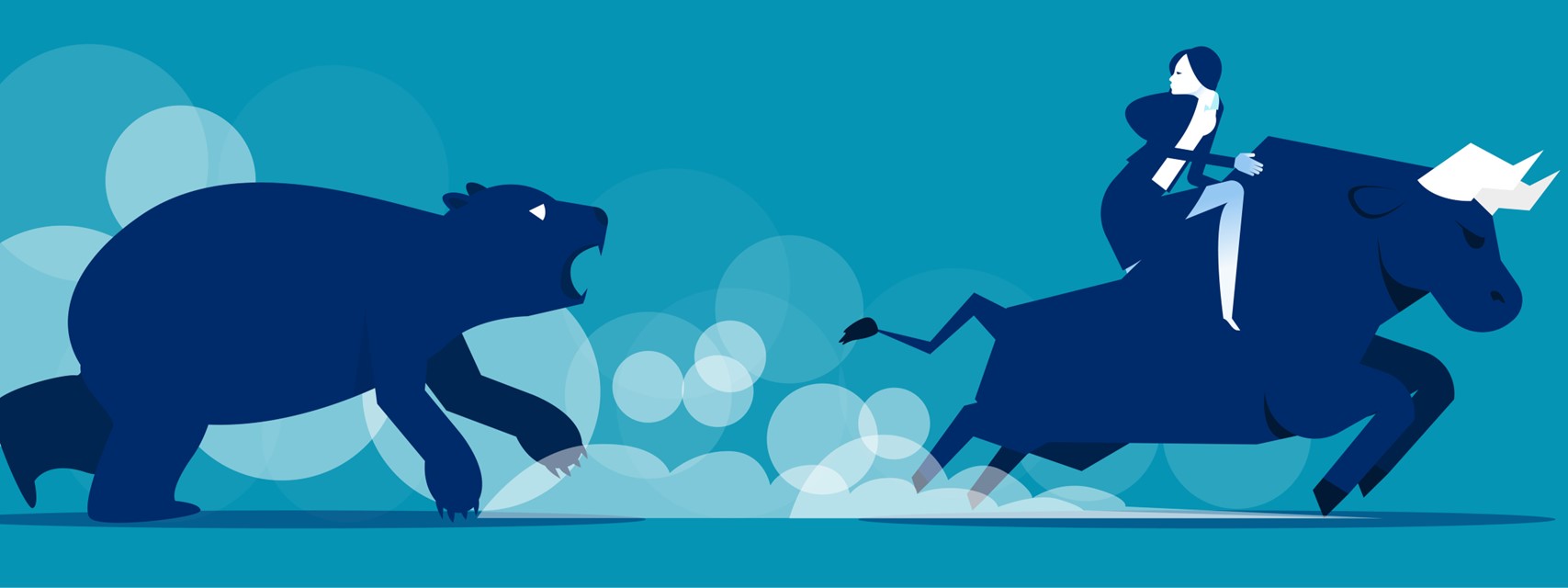 Cartoon of bear chasing a bull with executive riding bull