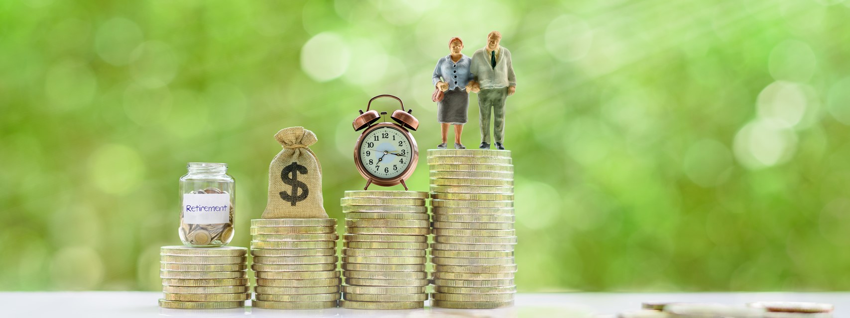 Senior retired couple, vintage clock, US dollar money bag, deposit saving jar on steps of rising coins