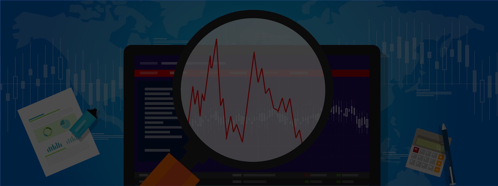 Cartoon of magnifying glass being used to examine a stock price line graph