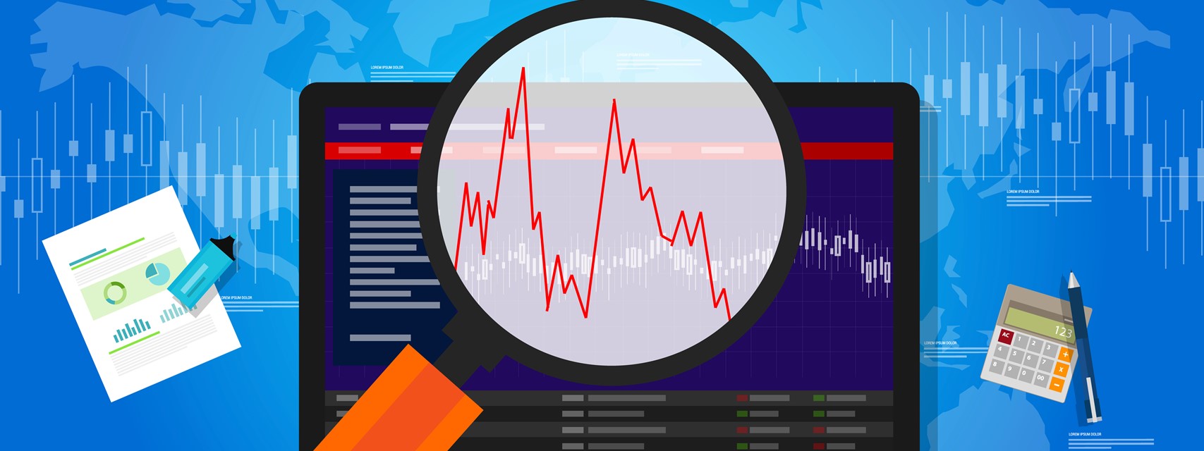 Cartoon of magnifying glass being used to examine a stock price line graph