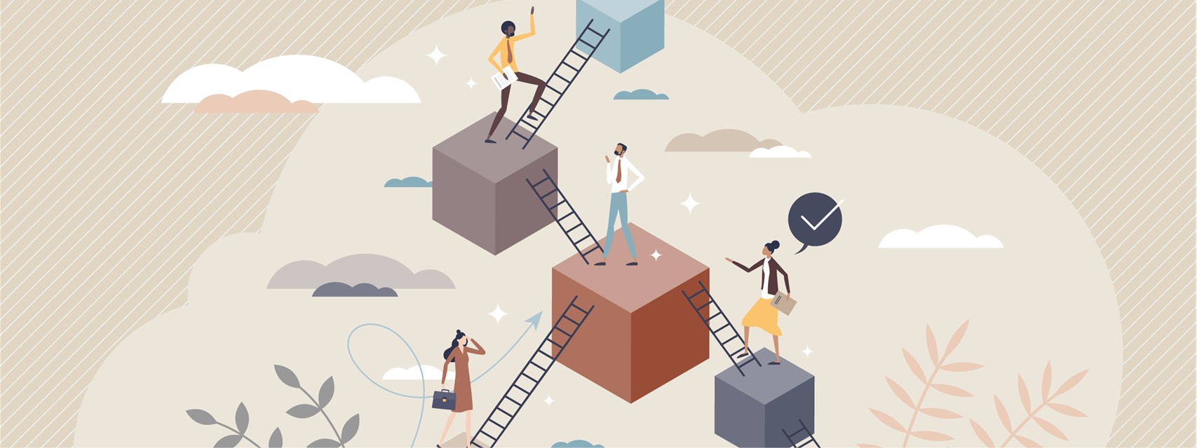 diverse professionals climbing ladders of career success