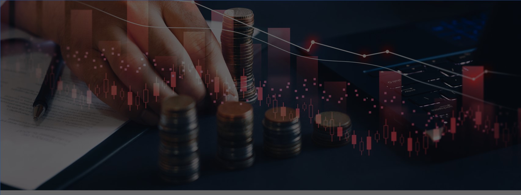 declining stock price charge superimposed over person counting coins