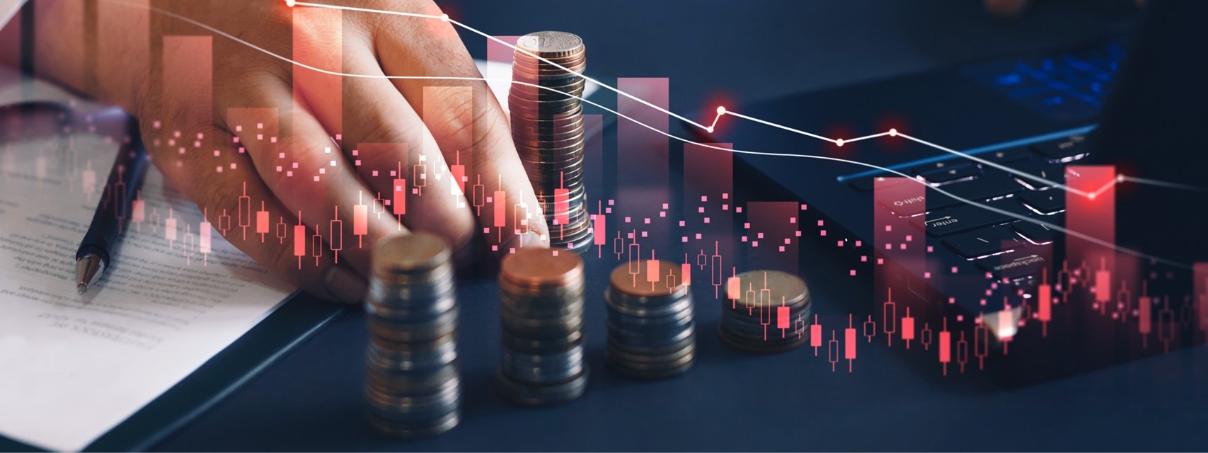 declining stock price charge superimposed over person counting coins