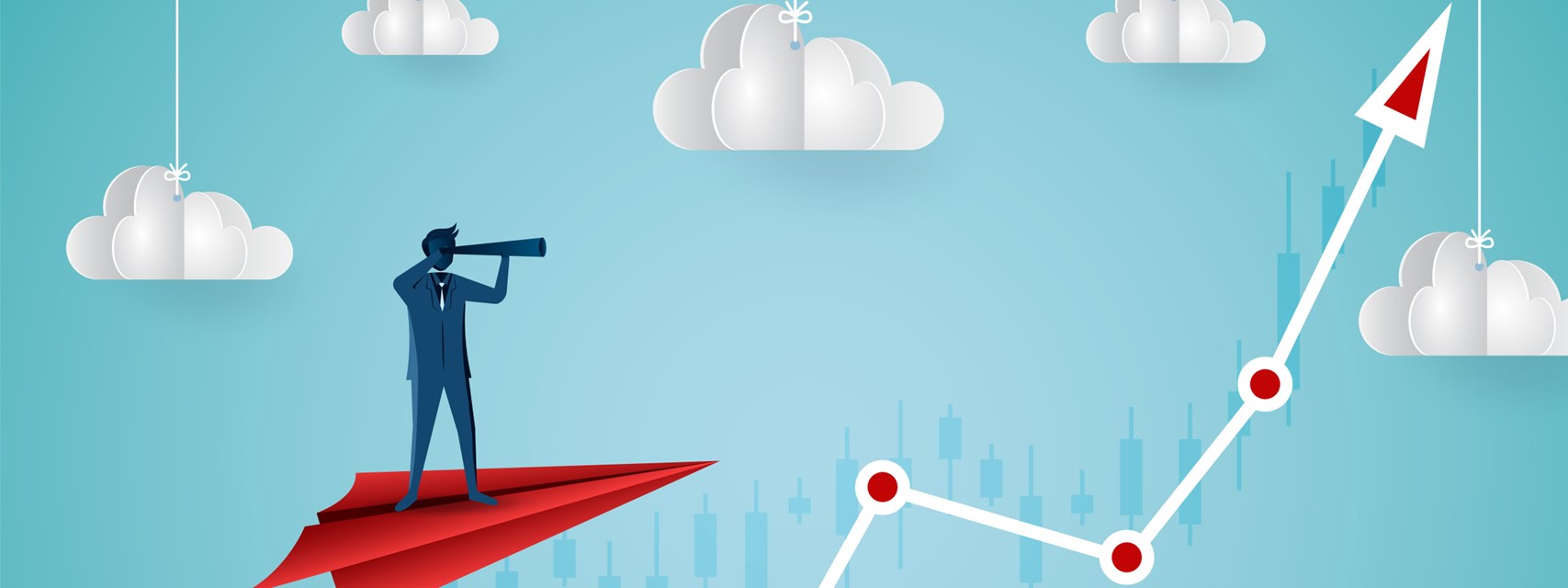 Businessman holding binoculars on a paper plane while flying above an arrow graph