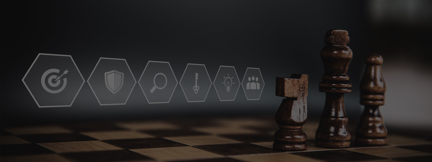 Chess pieces with icons representing concepts of winning and employees