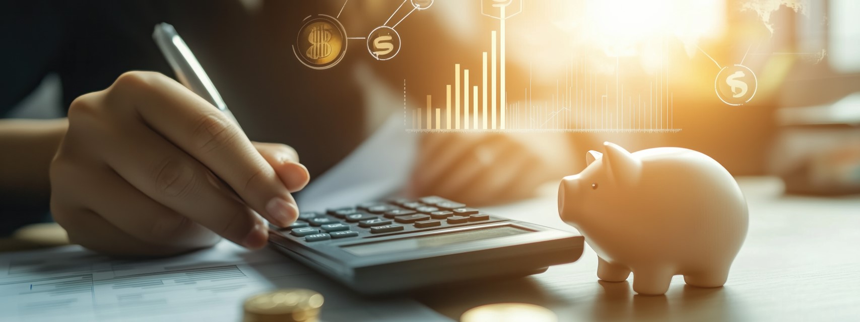 HR professional using calculator to determine award sizes with piggy bank looking on