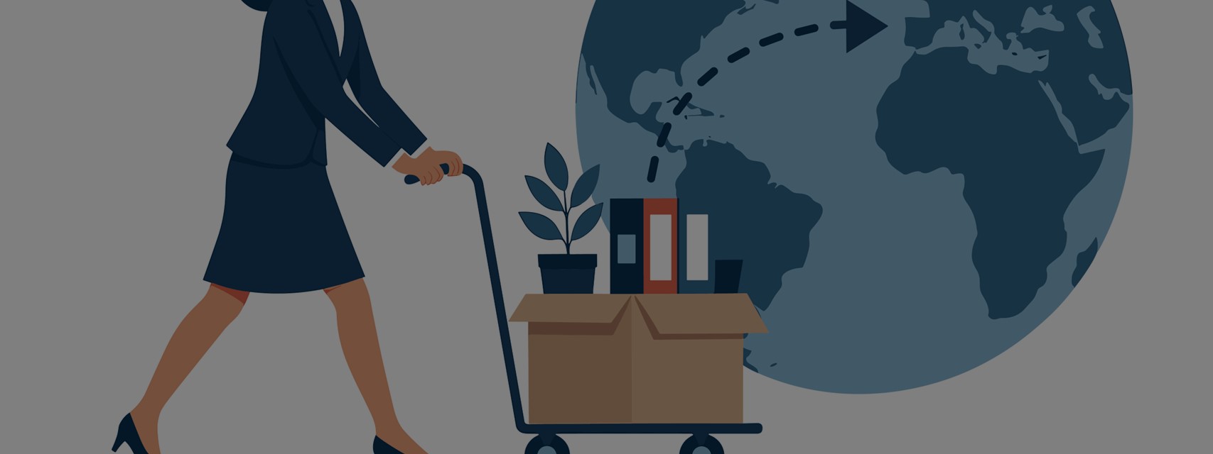 Businesswoman pushing office belongings on hand truck towards globe.