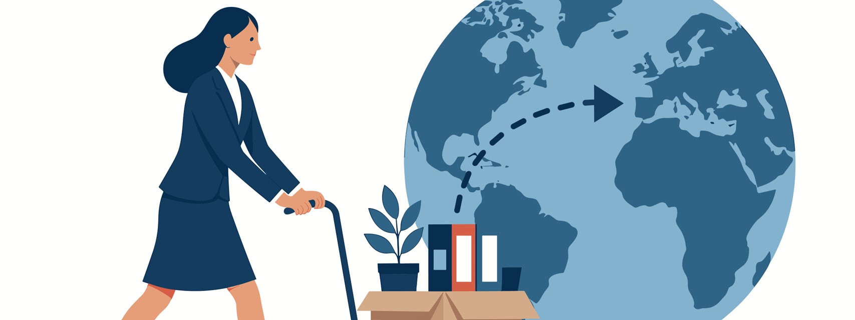 Businesswoman pushing office belongings on hand truck towards globe.
