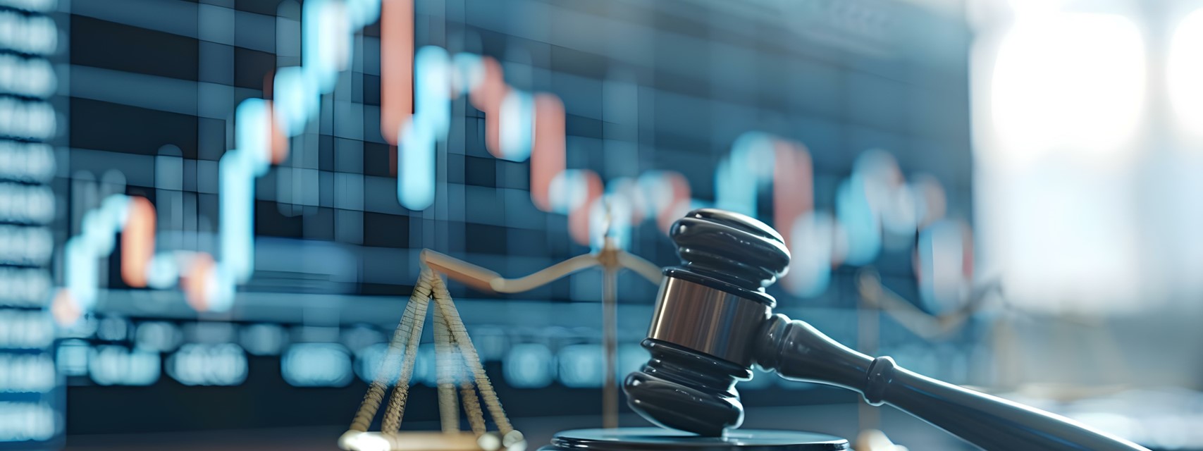 Stock market chart with judge's gavel and scales of justice