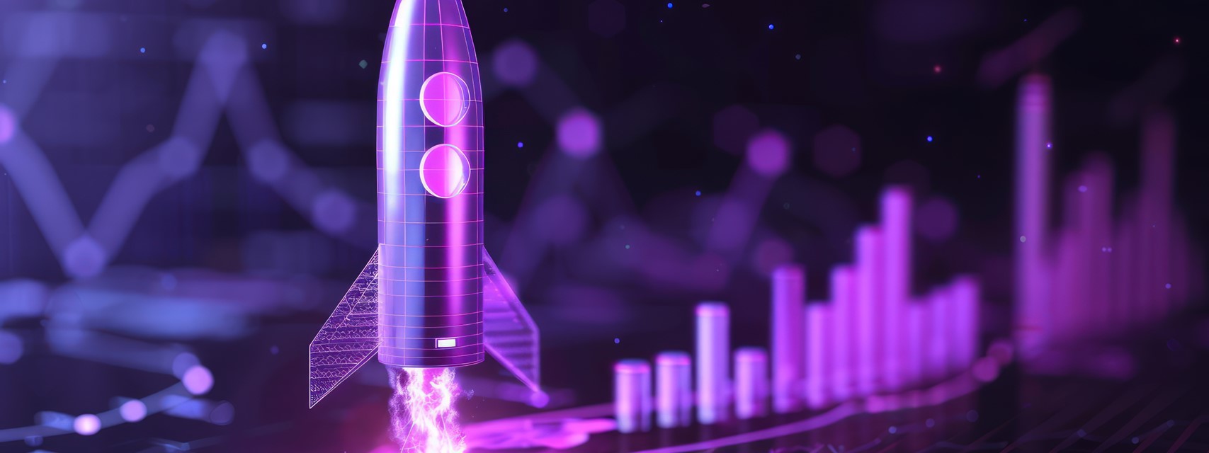 rocket launching with stock price chart in background, representing growth
