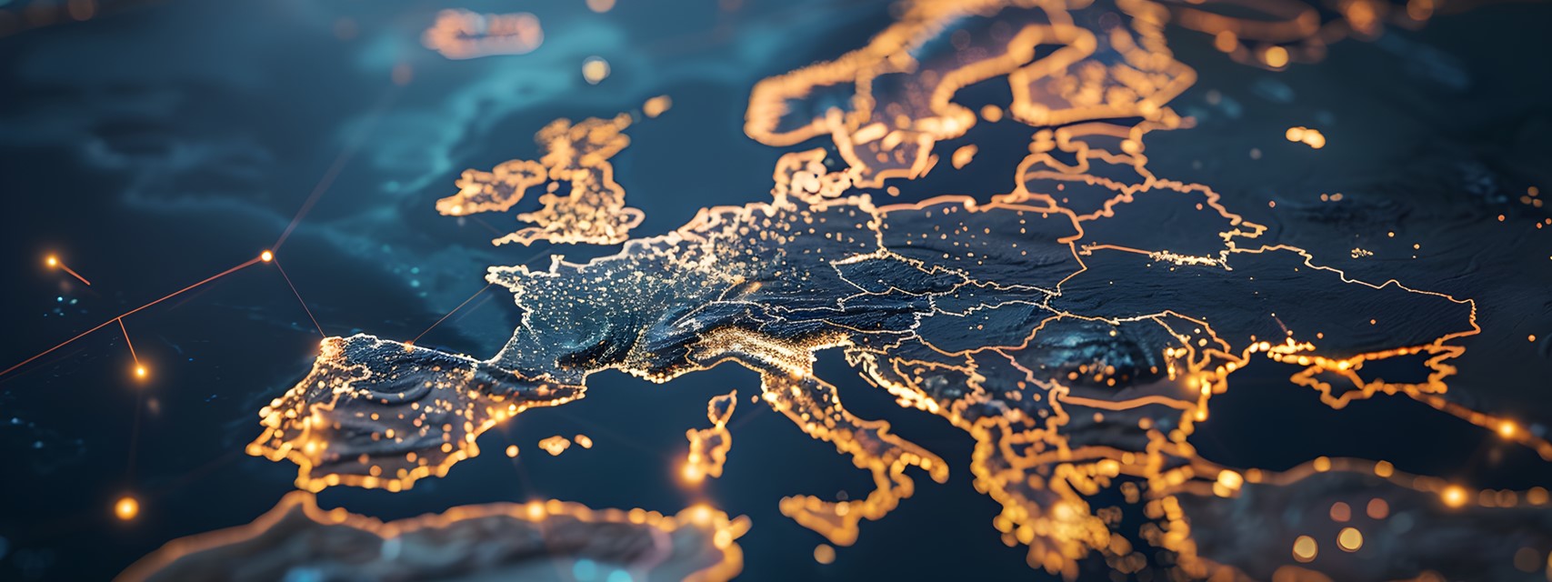 A map of Europe with glowing connections between cities