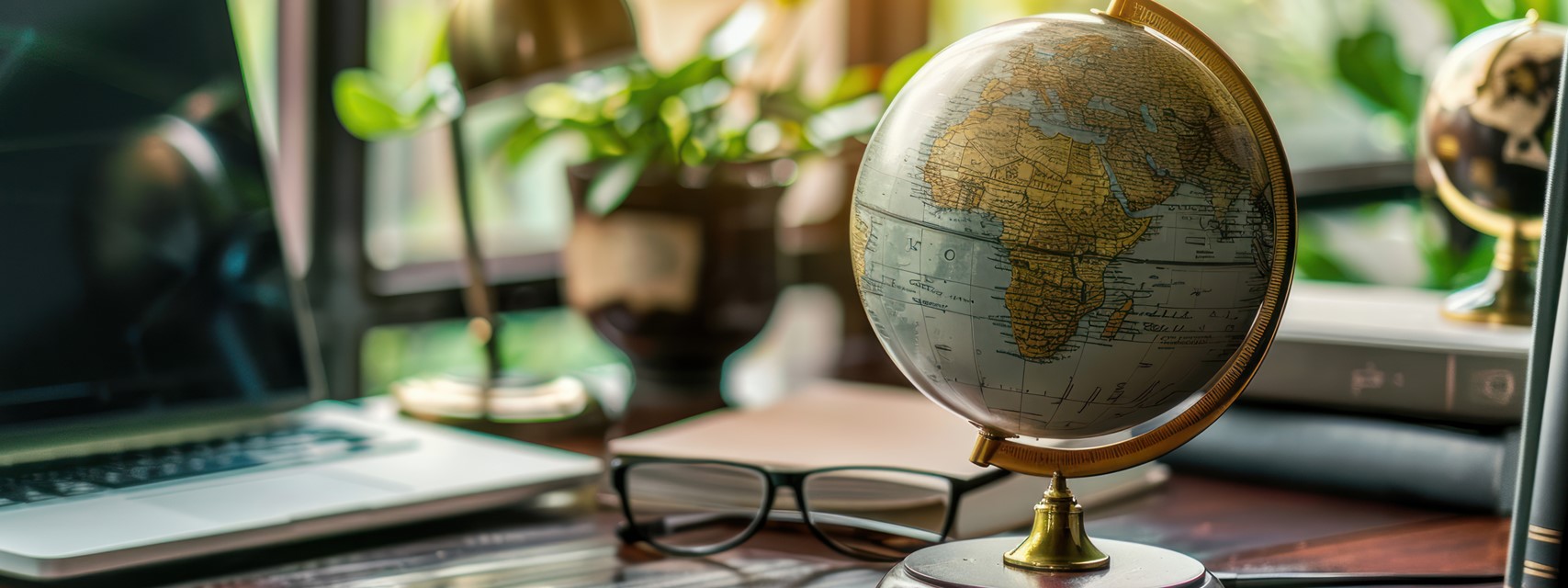 A desk with a laptop computer, books, eyeglasses, and a globe.