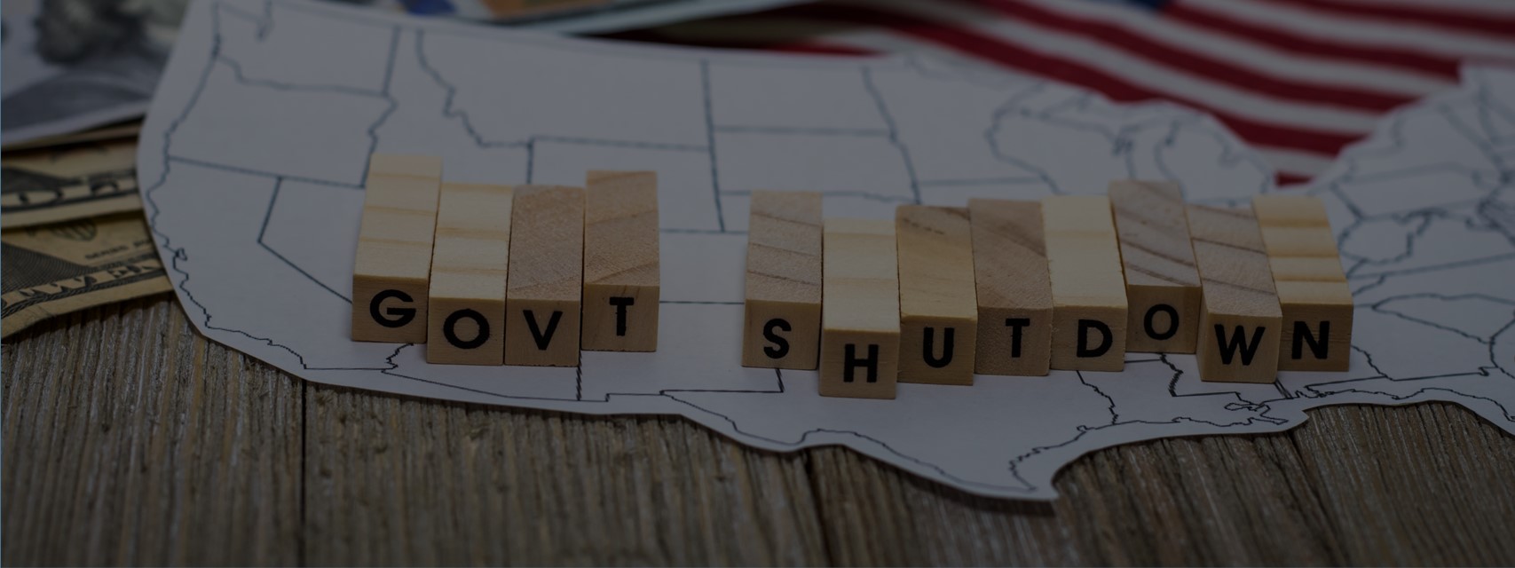 US map with the words "govt shutdown" spelled out in blocks