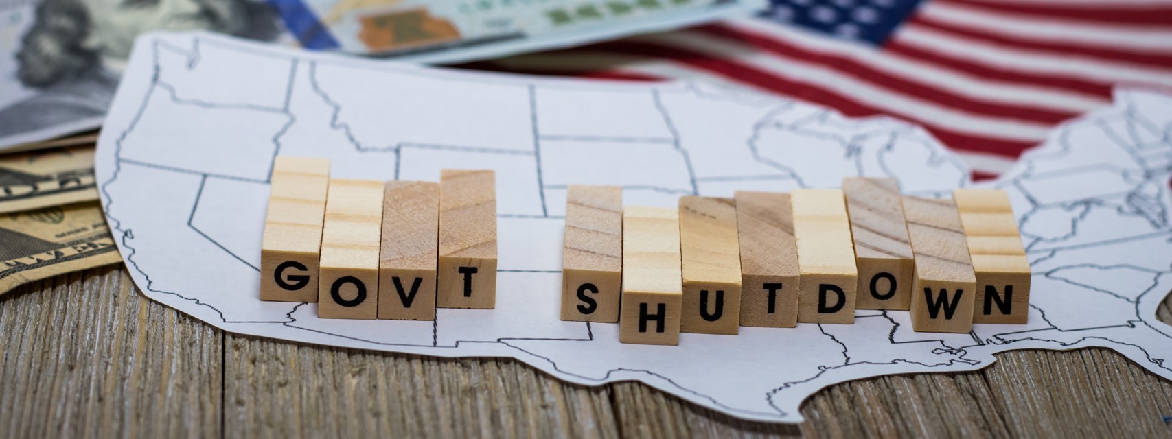 US map with the words "govt shutdown" spelled out in blocks