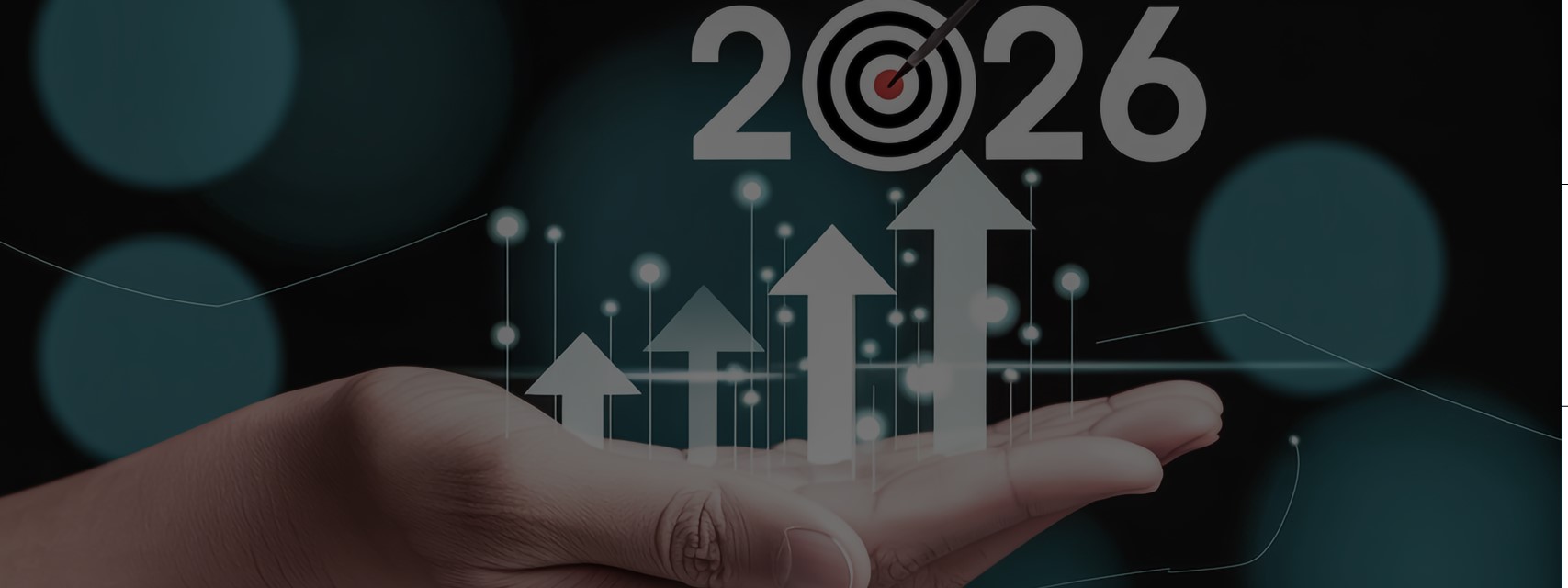 Upturned hand with up arrows in palm, pointing to 2026 with bullseye for the "0"