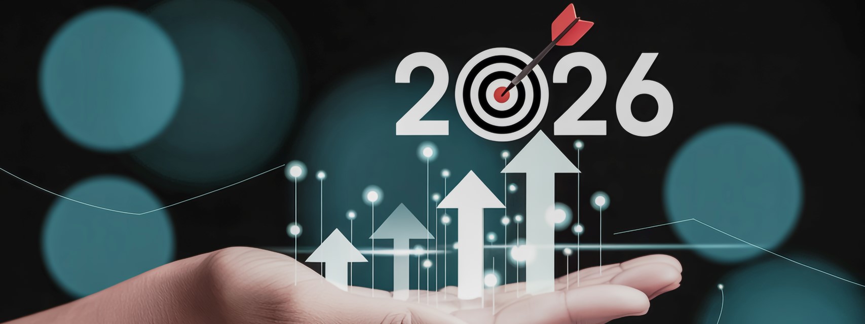 Upturned hand with up arrows in palm, pointing to 2026 with bullseye for the "0"