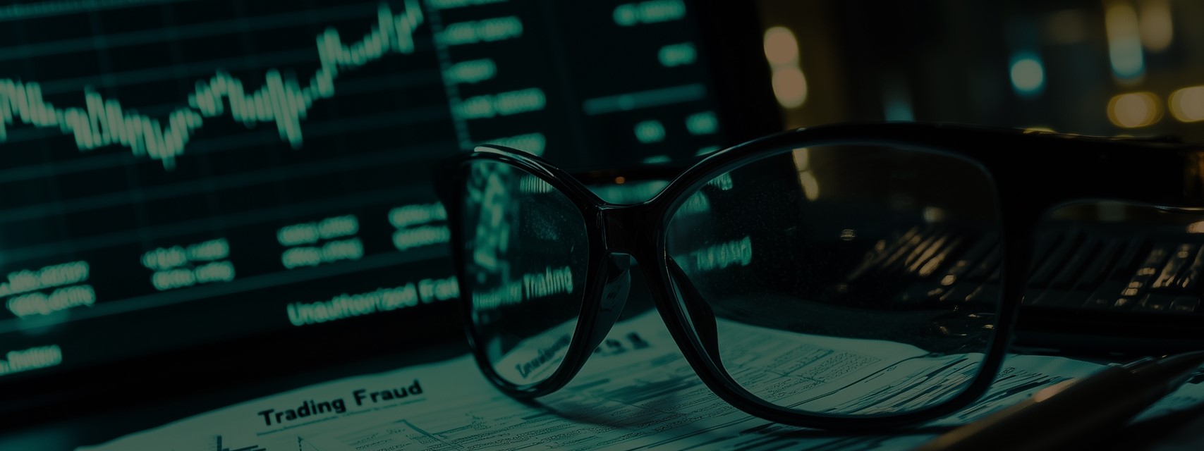 Reading glasses on financial documents with stock charts symbolize trading fraud risks
