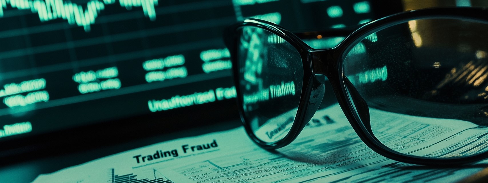Reading glasses on financial documents with stock charts symbolize trading fraud risks