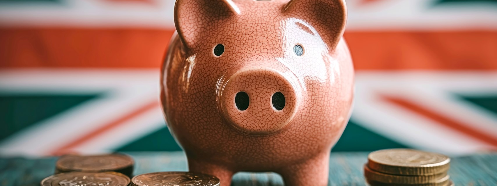 Piggy bank with UK coins and Union Jack in background