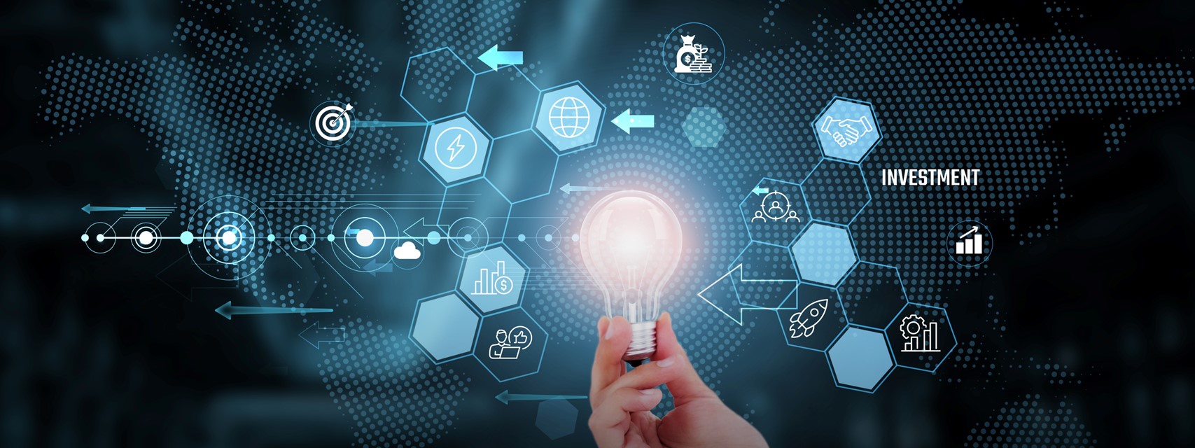 Businessman hand holding creative light bulb surrounded by icons representing various aspects of compensation