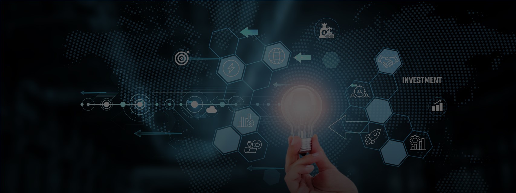 Businessman hand holding creative light bulb surrounded by icons representing various aspects of compensation
