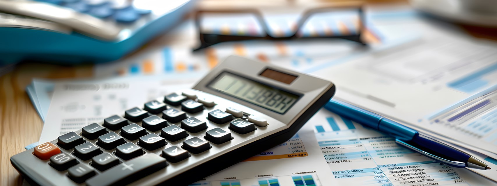 Calculator on financial statement and balance sheet on desk of CFO