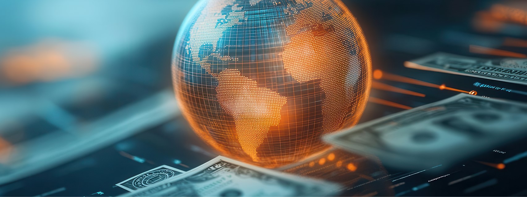 An abstract globe made of currency symbols and tax codes