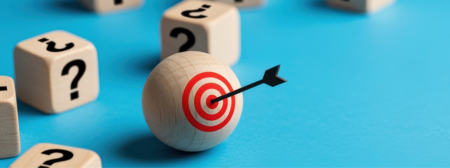 Arrow hitting bullseye surrounded by question marks, represents target achievement amidst uncertainty