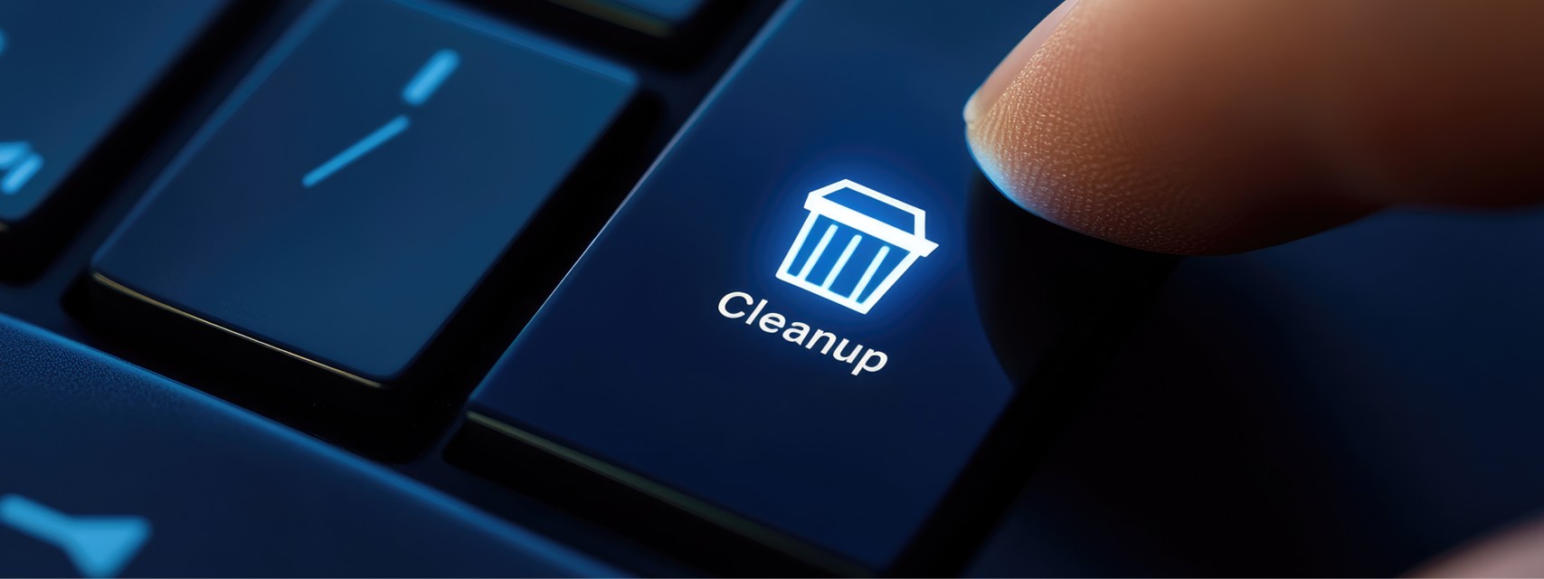 Person pressing "clean-up" button on computer keyboard