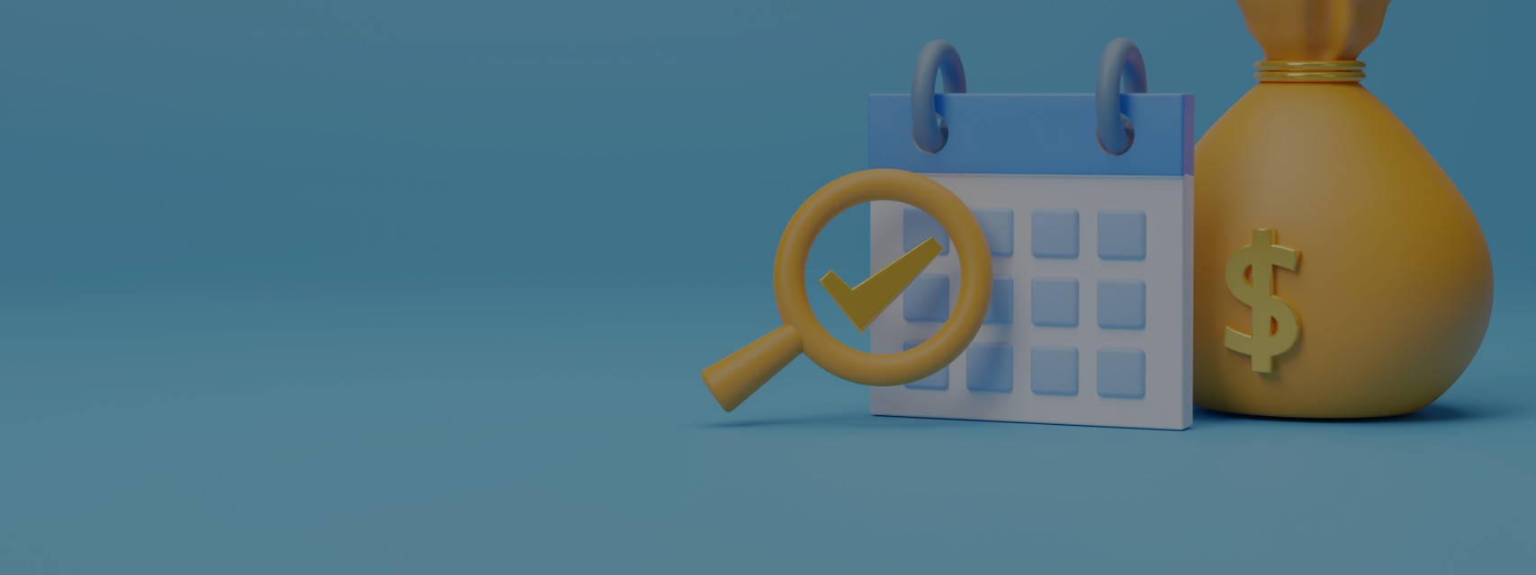 A 3D illustration of a calendar, magnifying glass with a checkmark, and a money bag with a dollar sign, representing the IRS tax deposit deadline.