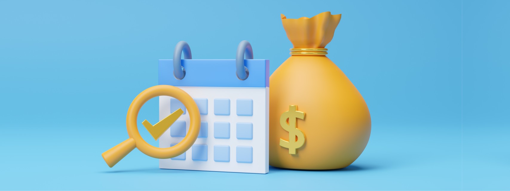 A 3D illustration of a calendar, magnifying glass with a checkmark, and a money bag with a dollar sign, representing the IRS tax deposit deadline.