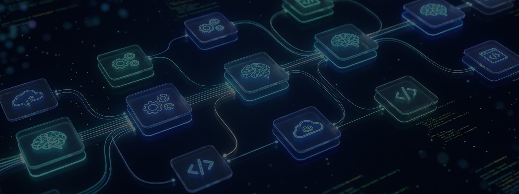 Technological diagram of AI automation workflow with digital code and cloud computing elements.