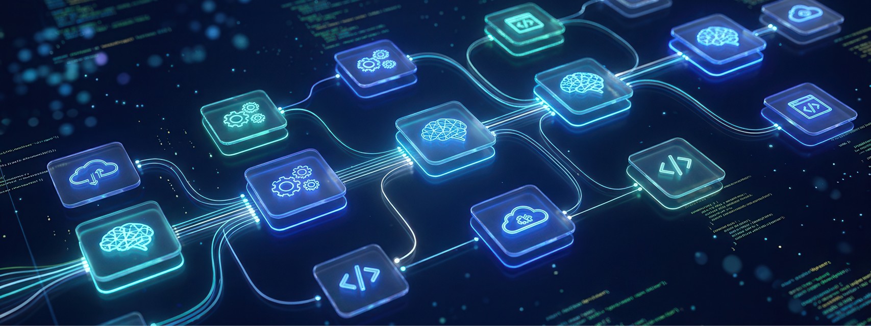 Technological diagram of AI automation workflow with digital code and cloud computing elements.