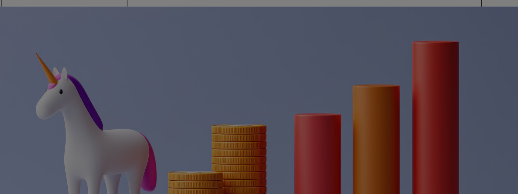 Illustration of unicorn with coin graphs representing startup growth
