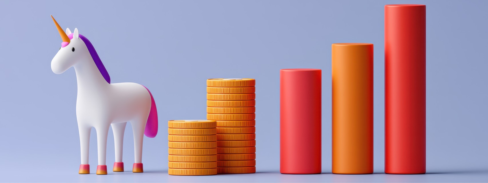 Illustration of unicorn with coin graphs representing startup growth