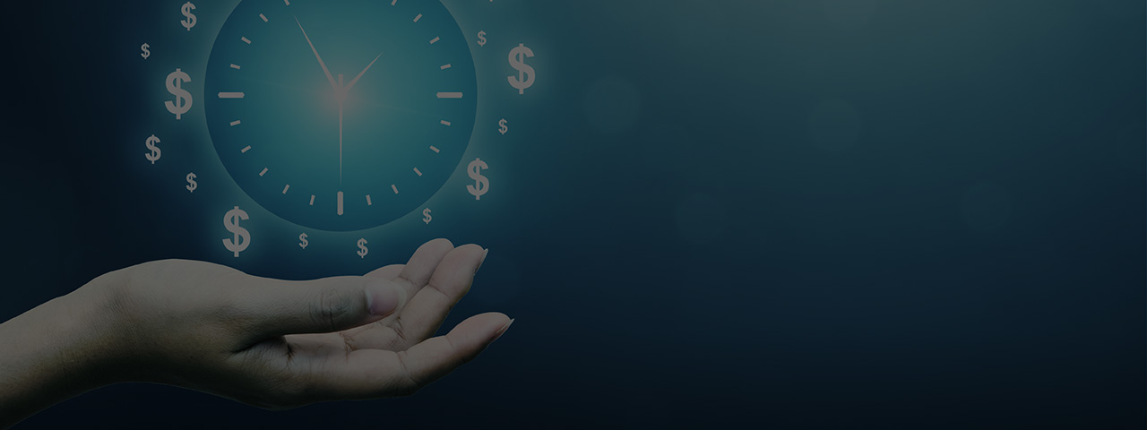 Woman's hand with Time is Money clock hovering