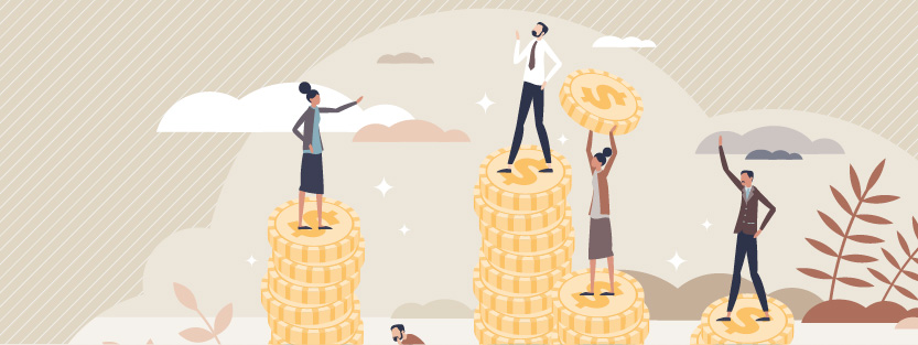 Drawing of people of different races and genders standing on stacks of coins