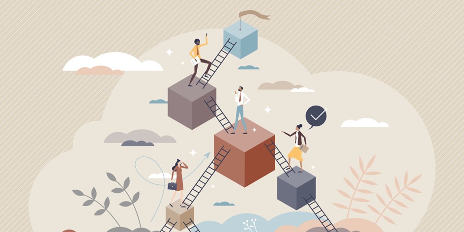 diverse employees climbing ladders of career success