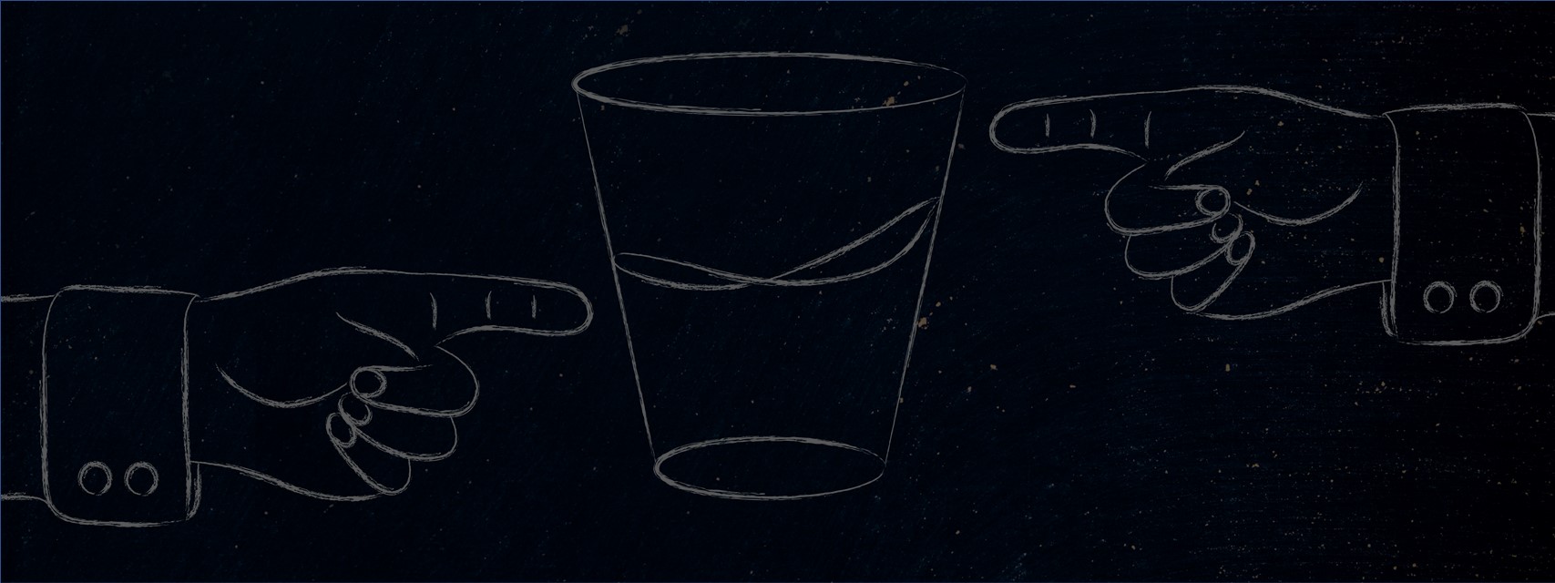 drawing of two hands pointing at the water level in a cup that is either half empty or half full