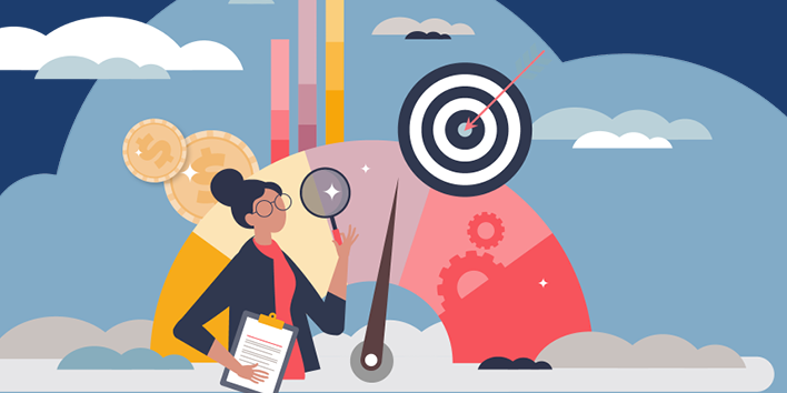 Illustration of a businesswoman holding a magnifying glass looking at charts/results
