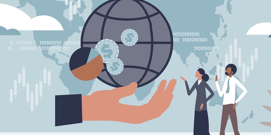 Illustration of two business people looking at a cartoon globe overlayed with coin icons and a pie chart