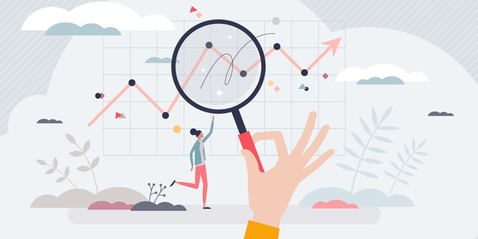 Illustration of person examining line chart with a magnifying glass