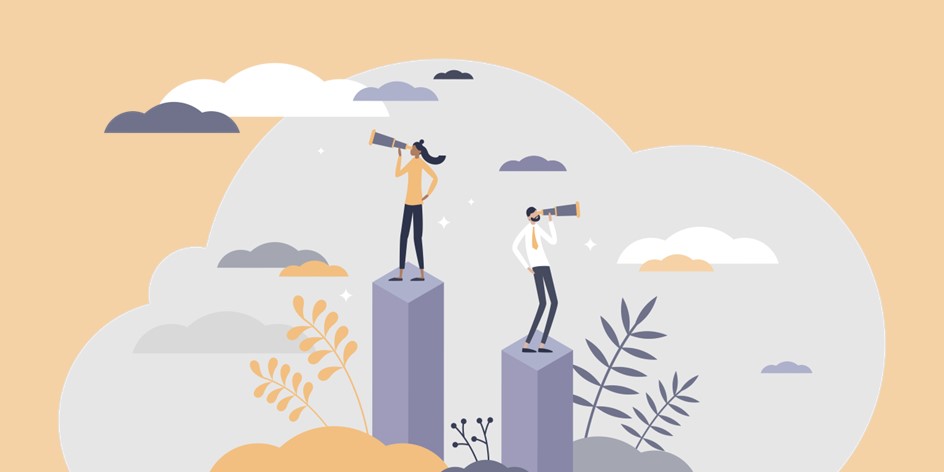 Illustration of people standing on columns looking through telescopes at future trends