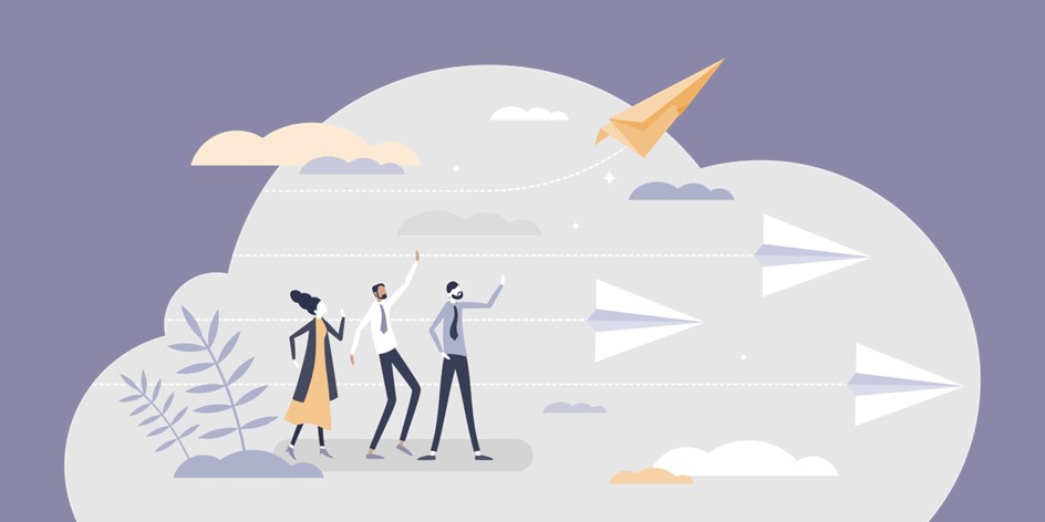 Employees with paper airplanes representing travel and mobility