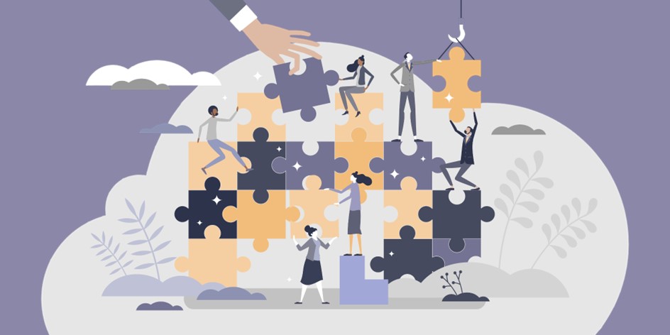 Illustration of stock plan professionals putting together a puzzle representing the components of equity plan management