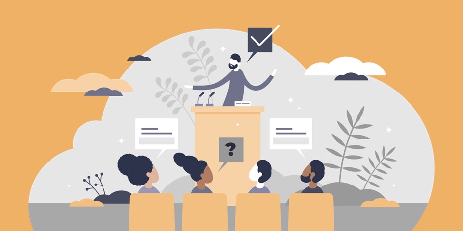 Illustration of person giving a presentation on stock compensation to employees