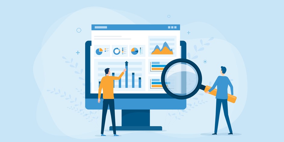 cartoon of business people examining charts on a computer