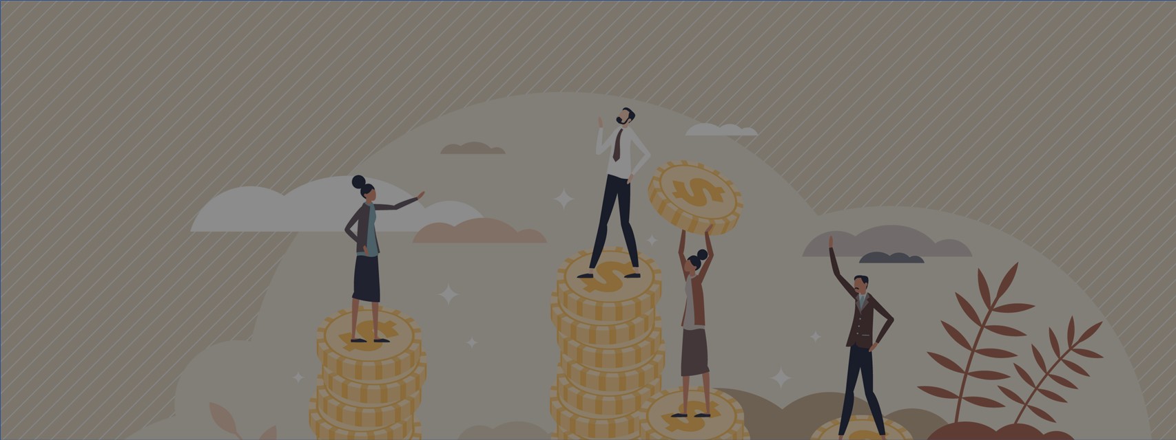 Drawing of people of different races and genders standing on stacks of coins